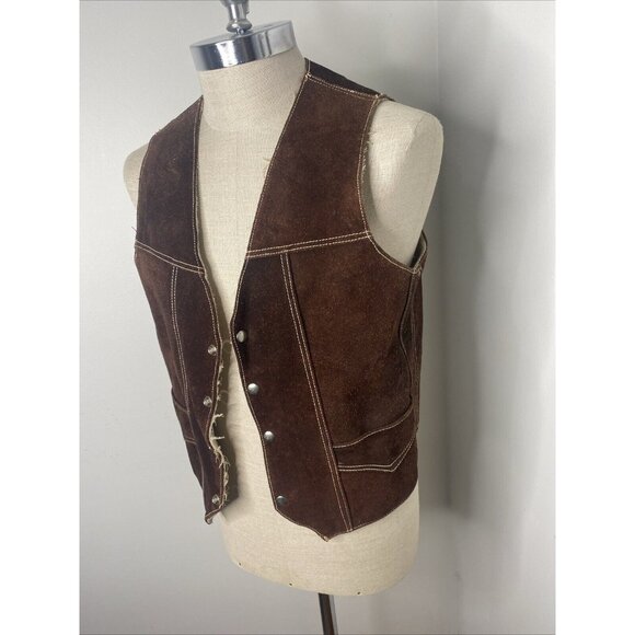 Vintage Genuine Leather Suede Vest Sherpa Lining Men's 40 Snap Front Dark Brown - Picture 1 of 7